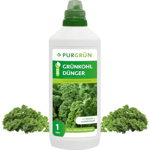 Purgrün® Bio-Grünkohl-Dünger 1 Liter – Organische Rezeptur – Premium-Flüssigdünger – NPK 4+1+7 – Mit Algenextrakt & Vinasse – Extra Kalium für große Kohlköpfe – Ohne tierische Inhaltsstoffe