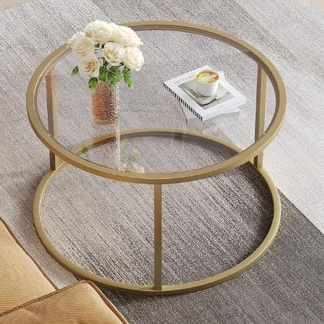 SAYGOER Mesa de Centro pequeña de Cristal Redonda Dorada para Espacios pequeños, Mesa Central Moderna y Simple con Marco Dorado para Sala de Estar, Oficina en casa, fácil Montaje
