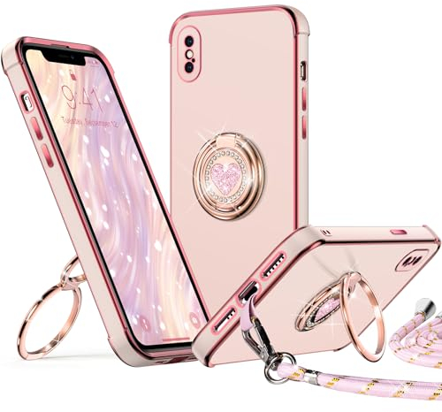 XYZ iPhone XS Max Case with Stand, Heart Lanyard for Girls Women, Luxury Cute Bling Protective Phone Cover, Pink