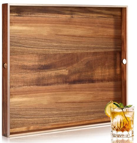 RattanView Extra großes, quadratisches Ottoman-Tablett mit Griffen, großes Akazienholz, dekoratives Ottoman-Tablett für Küche, Kaffee, Sofa, Tisch, Organizer, Aufbewahrung, Topper