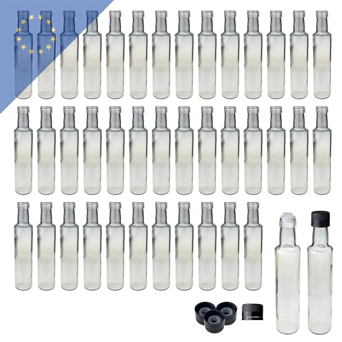 Glasflaschen Dorica 250ml (42 Stk.) Inklusive schwarzem PP31.5 Kunststoffverschluss und Ausgießer - Ideal für Öle, Säfte und Essig - Robuste Flasche für lange Haltbarkeit und optimale Lagerung