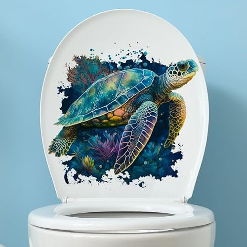 Colorful Turtle Toilet Cover Sticker Decals,Fish Bird Flower Leaf Waterproof Toilet Lid Tank Seat Decals Cistern Self-Adhesive Bathroom Wall Sticker