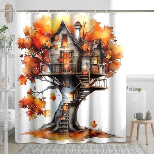 Treehouse Shower Curtain, Autumn Tree House Fall Bathroom Decor, Cozy Rustic Warm Waterproof Fabric Shower Curtain Set with Hooks 62x72 Inch