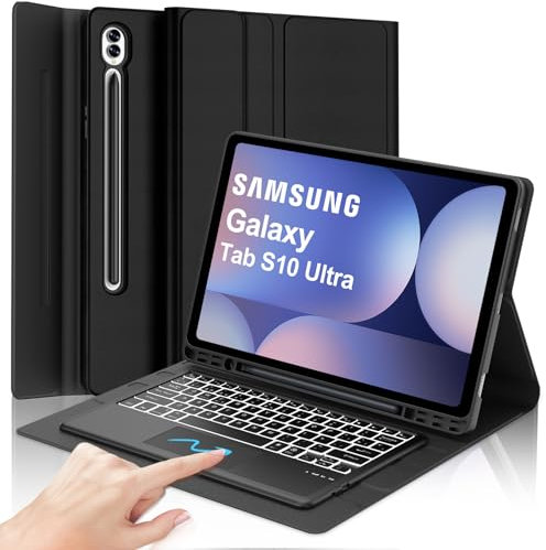 Funda Teclado Samsung Galaxy Tab S10/S9/S8 Ultra 14.6 Con Touchpad, Cover Teclado Trackpad Retroiluminado Bluetooth Español Ñ Magnético Desmontable para Samsung Galaxy Tab S10/S9/S8 Ultra 14.6, Negro