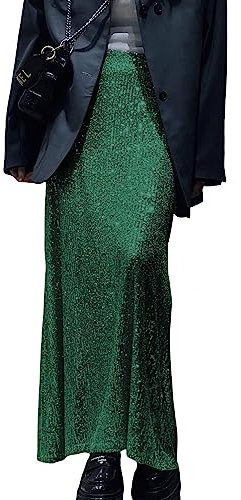 Pailletten Damen Lang Glitzer Rock - Niedrige Taille Party Elegant Bleistift A-Linie Tüll (Grün, L)