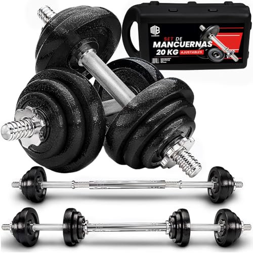 ManiBoom Maletin Pesas y Mancuernas Ajustables de HIERRO ANTIDESLIZANTES - Mancuernas 10kg 15kg 20kg 30kg 40kg 50kg con Barra Regulables y Cierre de SEGURIDAD - Kit de Ejercicio Gym en Casa (20 KG)