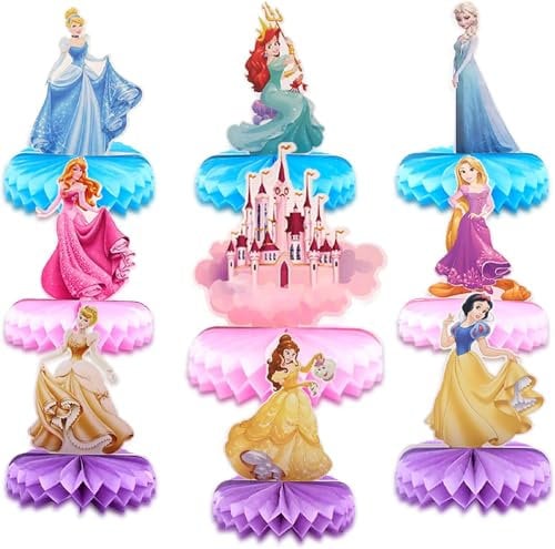 9 Pieces Cute Princess Birthday Decorations, 3D Princess Theme Birthday Party Decorations Birthday Honeycomb Centerpieces for Table Decorations Party Supplies Favor Props