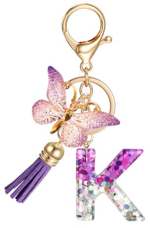 JSRQT Schlüsselanhänger mit Anfangsbuchstaben K, Schlüsselanhänger mit Harz Buchstaben Lila für Frauen Mädchen, Schmetterlings Quasten Anhänger Initial Letter Keyrings für Handtasche Rucksäcke