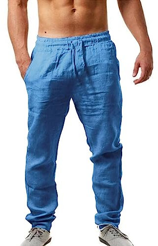 ofeirhz Herren-Activewear-Hose, Baumwoll-Leinenhose, normale Passform, einfarbig, leichte Trainingshose, atmungsaktiv, lässig, Sporthose, lockere Jogginghose, elastische Taille, Kordelzug, Größe XXXL,