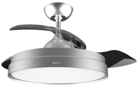 EVVO Ventilador de Techo con Aspas Rectráctiles y Luz, Ø107cm, 3 Aspas, Motor DC 40W, 6 Velocidades, Temporizador hasta 4h, Función Invierno-Verano, Protección IP44 (Metal)