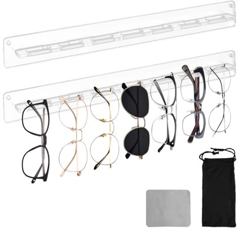 DIBALIYI 2 Pcs Sunglass Organizer, Acrylic Wall-Mounted Sunglasses Racks with Storage Bag and Cleaning Cloth, Clear Eyeglasses Display Organiser Holders, Hanging Eyewear Storage for Men Women Home