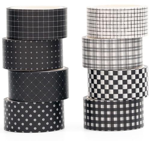 YUBX Schwarz Gitter Washi Tape Set 8 Rollen Schottenstoff Dekoratives Klebeband Bunt für Scrapbooking, Bullet Tagebuch, Planer, Geschenkverpackung