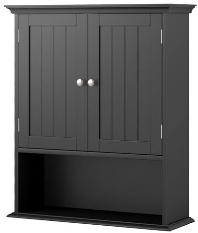 Multigot Wooden Bathroom Cabinet, Wall-Mounted Storage Cabinet with Adjustable Shelf and Compartment, Modern Toilet Cupboard Storage Unit for Kitchen Living Room Corridor (with Metal Handles, Black)