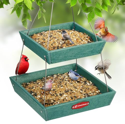 Kingsyard 2-stöckige Futterschale Vogelfutterstation zum Aufhängen im Freien, recycelter Kunststoff, flaches Vogelfutterhaus mit großer Kapazität 2,3 kg, Gartendekoration, zieht Wildvögel an, Grün