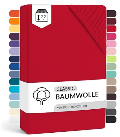 LARAWELL Spannbettlaken 90x200cm Baumwolle, bis 100x200, rot, Spannbetttuch Jersey (gekämmt), Matratzenhöhe bis 22 cm, bügelfrei, atmungsaktiv, formstabil