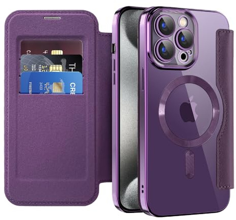 SIYOPINPFY Wallet Case for iPhone 15 Pro Max with Card Holder, Purple JD | [Compatible with MagSafe] [RFID Blocking] Premium Flip Leather Card Slots Holder , Magnetic Clear Back Shockproof Phone Case