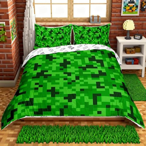feelingyou Green Pixelated Miners Gamer Bedding Set King Size,Video Games Duvet Cover Set for Kids Boys Girls Teens Room Decor,Cartoon Gamepad Modern Geometric Check Quilt Cover,2 Pillowcases