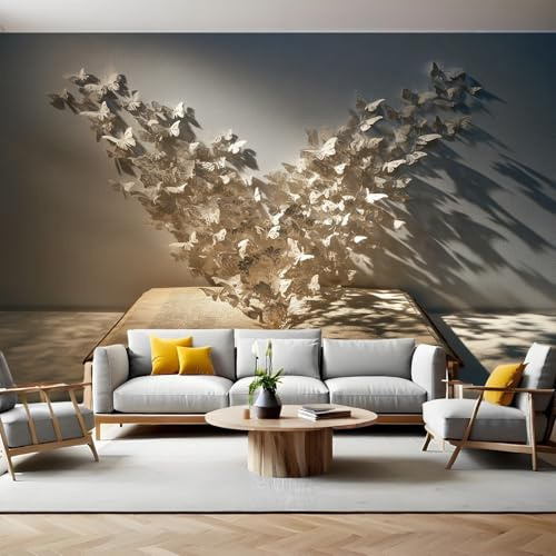 Grau Fototapete 200 x 140 cm Bücher und Schmetterlinge Vliestapete Druck 3D Effekt Wandtapete Moderne Wandbild Wand Schlafzimmer Wohnzimmer Büro TV Hintergrund
