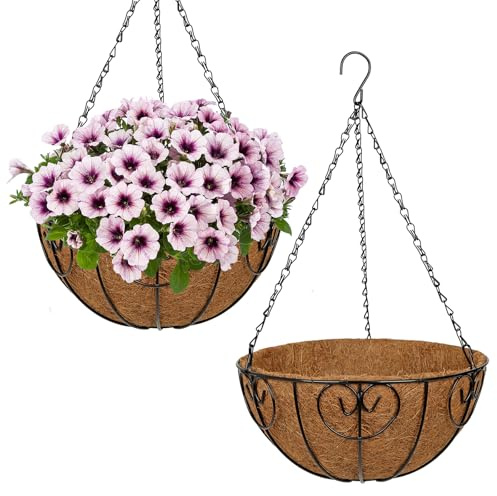Oairse 2er Set Hängepflanzkorb Metall mit Kokosfaser-Einsatz Hängende Blumentöpfe Ø30 cm Blumenampel mit Haken & Abnehmbarer Kette, Deko Hängekorb für Balkon, Terrasse & Garten