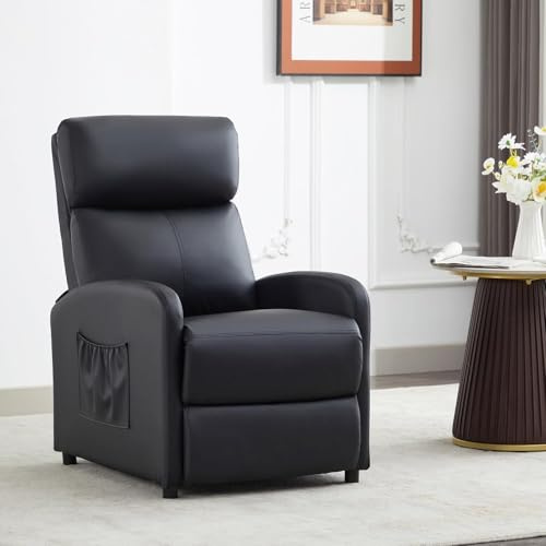 mcc direct Push Back Recliner Chair, PU Leather Single Pushback Sofa with Lumbar Support, Padded Backrest, Side Pocket and Adjustable Leg Rest for Home Living Room Theatre (Shadow Black)