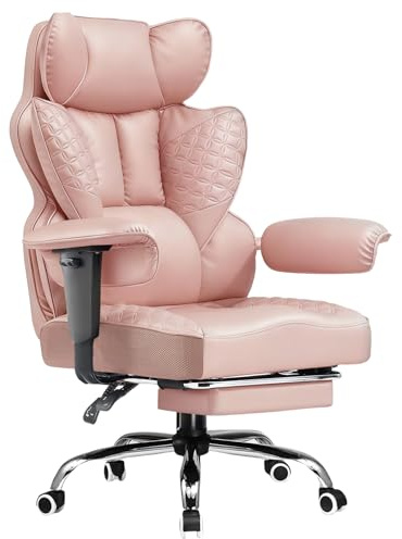 COMHOMA Big and Tall Office Chair Heavy Duty Executive Desk Chair with Footrest, Ergonomic High Back PU Leather Swivel Reclining Computer Chairs for Home Pink