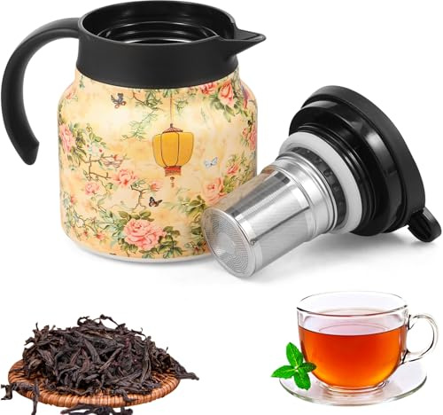 Vintage Floral Pattern Tea Thermos,800ml Tea Thermal with Infuser and Handle, Stainless Steel Carafe Thermos,Floral Teapot Insulated Flask Mini Coffee Pot for Home Office(Style 4)