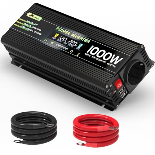 1000W Wechselrichter 12V auf 230V Spannungswandler konverter mit EU-Steckdose, USB-Anschluss, Netzkabel und LCD, Power Inverter für Verschiedene Fahrzeugmodelle, den Heimgebrauch und Camping im Freien