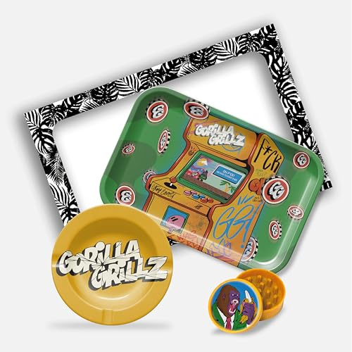 Gorilla Grillz® Kit Fumador - Bandeja para Liar Completa con Cenicero y Grinder Biodegradable - Para Persona Fumadora - Pack Fumador con Varios Accesorios (Padre) (Arcade, 31x21)