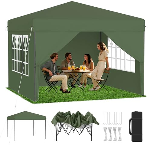 LZQ Premium Pop-Up Pavillon 3×3 m mit One-Touch Lift, Faltpavillon Gartenpavillon Partyzelt Faltbar mit 3-Fach Höhenverstellung 240-260cm, Klappzelt mit Seitenwände & Tragetasche, Grün