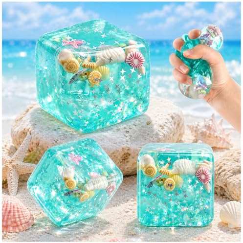 3pcs Ozean Squishy Stressball,Ozean Muscheln Eiswürfel Fidget Toys | Cube Stressballs mit schwebenden Muscheln & Sternen, Anti Stress Spielzeug für Kinder & Erwachsene zum Stressabbau & Deko