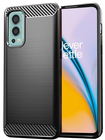 Techsuit für OnePlus Nord 2 5G Hülle mit Soft Touch, Stoßfest, Kameraschutz, Erhöhte Kanten, Luftkissen Ecken, Anti Fingerabdruck, Flexibel, Carbon Silicone Series, Schwarz