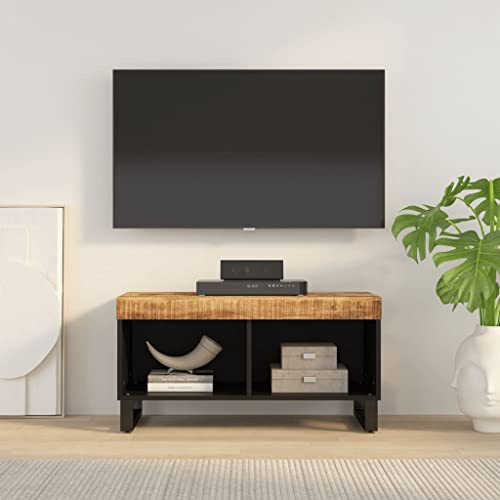Runheo Mueble para TV de madera maciza de mango, 85 x 33 x 43,5 cm con patas de hierro, amplio espacio de almacenamiento, cajón y compartimento, sala de estar para televisión, consola, cine en casa