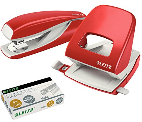 Leitz 5008 NeXXt Series Bürolocher, Metall, bis zu 30 Blatt / Kombi-Set mit Heftgerät + 1000 Klammern extra (rot)
