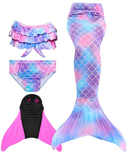 Flyhigh Mädchen meerjungdamenflosse für Kinder Badebekleidung mit Schwimmflosse Mermaid (110-120cm, A4212-rot)
