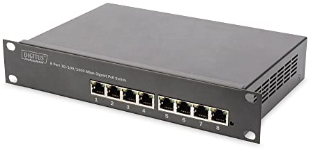 DIGITUS Gigabit Ethernet PoE+ Switch - 10 Zoll - 8 Ports - Unmanaged - IEEE 802.3at - 96 Watt Powerbudget - Schwarz