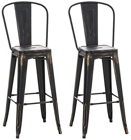 CLP 2er Set Metall Barhocker Aiden Mit Hoher Rückenlehne I 2 x Hocker Mit Fußstütze Und Bodenschonern, Farbe:schwarz-gold