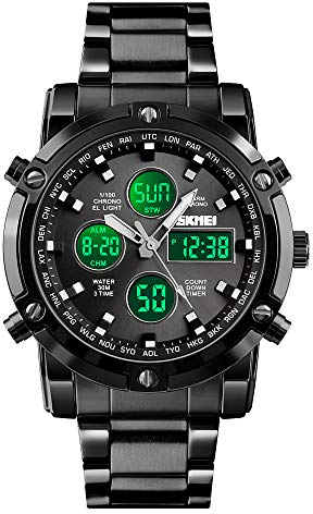 SKMEI Herren-Armbanduhr, wasserdicht, Militär, analog, digital, mit LED, Chronograph, Edelstahl, Business-Uhren für Herren, Schwarz, 2.28 * 1.89 * 0.63 inches, Klassisch