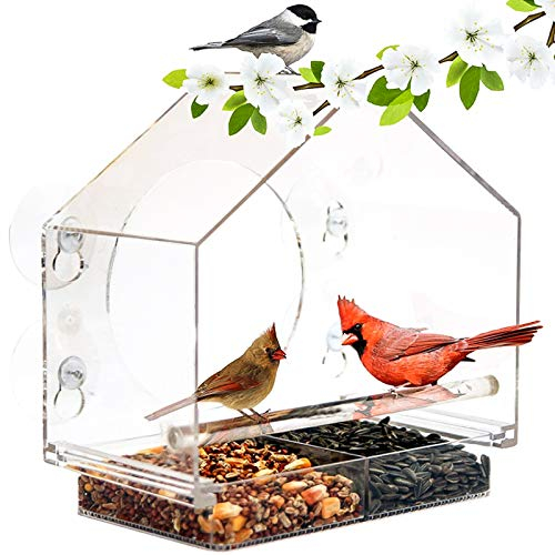 ValueHall Fenster Vogelfutterspender Transparent Fenster-Vogelfutterhaus Futterstation mit Dach Acryl Vogelfutterstation mit starken Saugnäpfen und herausnehmbarem Futtertablett V7D07