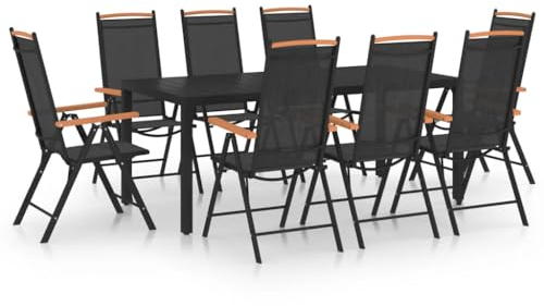 vidaXL Gartenmöbel 9-TLG. Gartengarnitur Sitzgruppe Gartenset Sitzgarnitur Gartentisch Gartenstuhl Tisch Stühle Esstisch Aluminium Schwarz