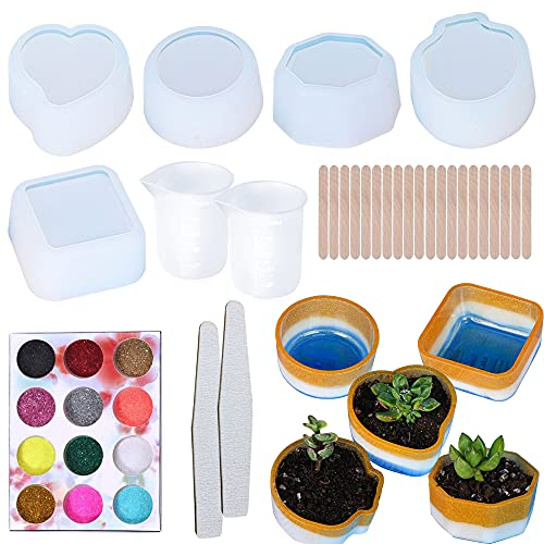 Cayway 30 Pz Moldes Resina Epoxi Planta Silicona Molde, Molde de Silicona para Macetas, Brillo para La Fabricación de Portavelas, Molde de Silicona para Macetas de Plantas Suculentas