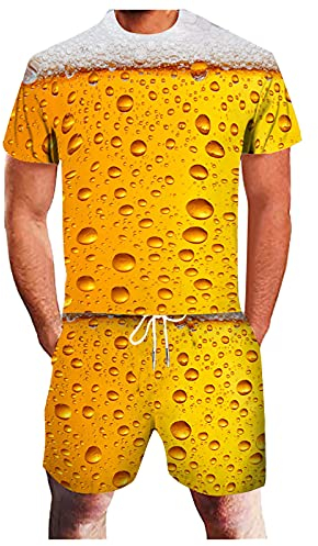 Celucke Trachtenset Herren Sommer Oversize Oktoberfest Sets Kurzarm 3D Drucken Bier T-Shirt Trainingsanzug Casual Sportanzug Freizeit Kurze Jogginganzug 2-Teiliges