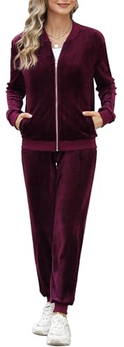 Irevial Pigiama Pile Set Donna in Velluto Tuta da Sportiva Due Pezzi Casual Giacca a Zipper Top e Pantalon Training con Tasca Autunno Inverno Vino Rosso XXL
