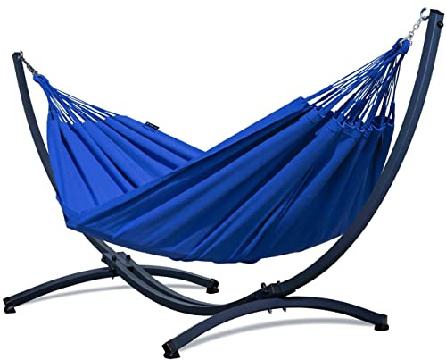 Potenza Outdoor Hängematte mit Gestell für 2 Personen I Merida- Baumwolle Doppelhängematte XXL 220x160, 220kg I Hängemattengestell 220kg, wetterfest (Blau, Basic Gestell Graphit)