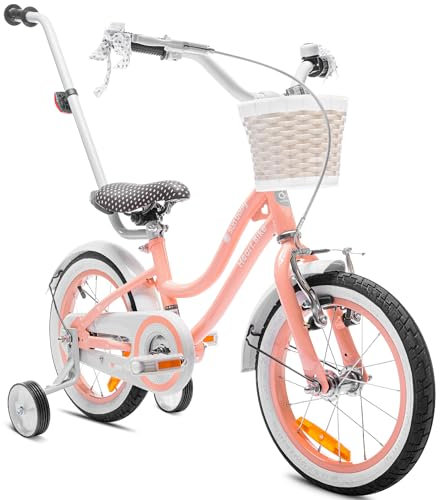 sun baby Mädchenfahrrad 14 Zoll Radgröße Heart Bike zur Auswahl, mit Abnehmbarer Schubstange, Kinderfahrrad für Mädchen von 2 bis 6 Jahre (Aprikose, 14 Zoll)
