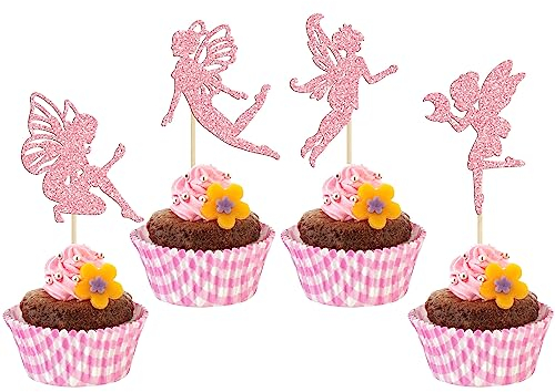 Gyufise 36Pcs Fairy Cupcake Toppers Pink Glitter Flower Angel Fairy Cupcake Picks Ballet Dancer Cake Decorations for Wedding Bridal Shower Baby Shower Birthday Party Cake Decorations Supplies
