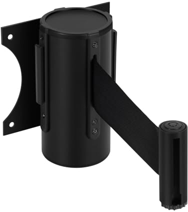 Flexzion Crowd Control Retractable Belt Barrier - 10Ft 3m Wall Mounted Safety Barrier Belt, Queue Line Dividers with Slow-Retract Nylon Rope Belt & Sturdy Steel Black Case for Indoor/Outdoor Use