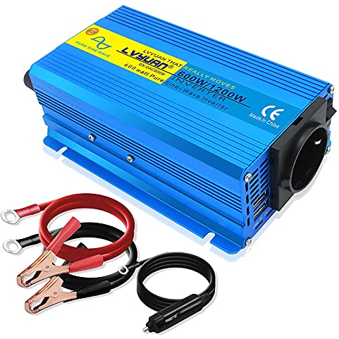 Cantonape Inversor Onda Pura 600W, Inversor de Corriente 12V a 220V con 2 USB Puertos 4,2A y 1 Toma de AC para Tableta TV, Transformador para Coche Caravana Camion