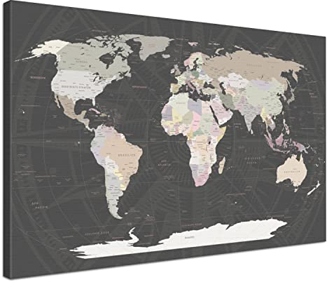 LANA KK Weltkarte-Pinnwand als Leinwandbild, pinne Deine Reisen und Erinnerungen – World Map Grey - Deutsch - Landkarten-Wandbild in grau, 100 x 70 cm