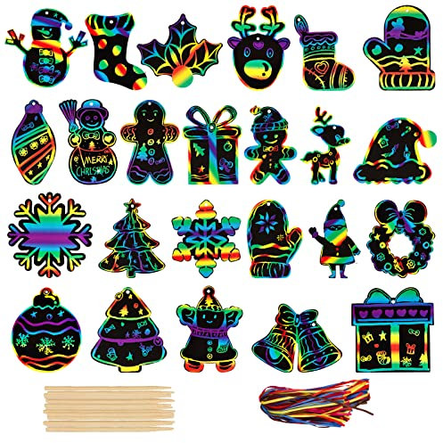 48 Stück Weihnachten Kratzbilder Set für Kinder 24 Mustern Regenbogen Kratzpapier zum DIY Basteln Weihnachtsdeko Anhänger Party Mitgebsel mit Holzstäbchen Bänder Weihnachtsgeschenke