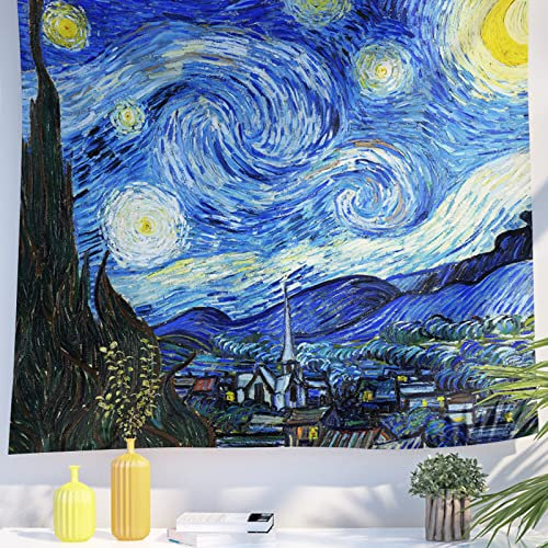 Berkin Arts Kunst Dekor Wandteppich mit Landschaft Design, Wandbehang Tapisserie, ästhetischer Kulisse Wanddeko Blue Sky Psychedelicfür Wohnzimmer 130 x 150 cm (Vincent van Gogh-Die Sternennacht)